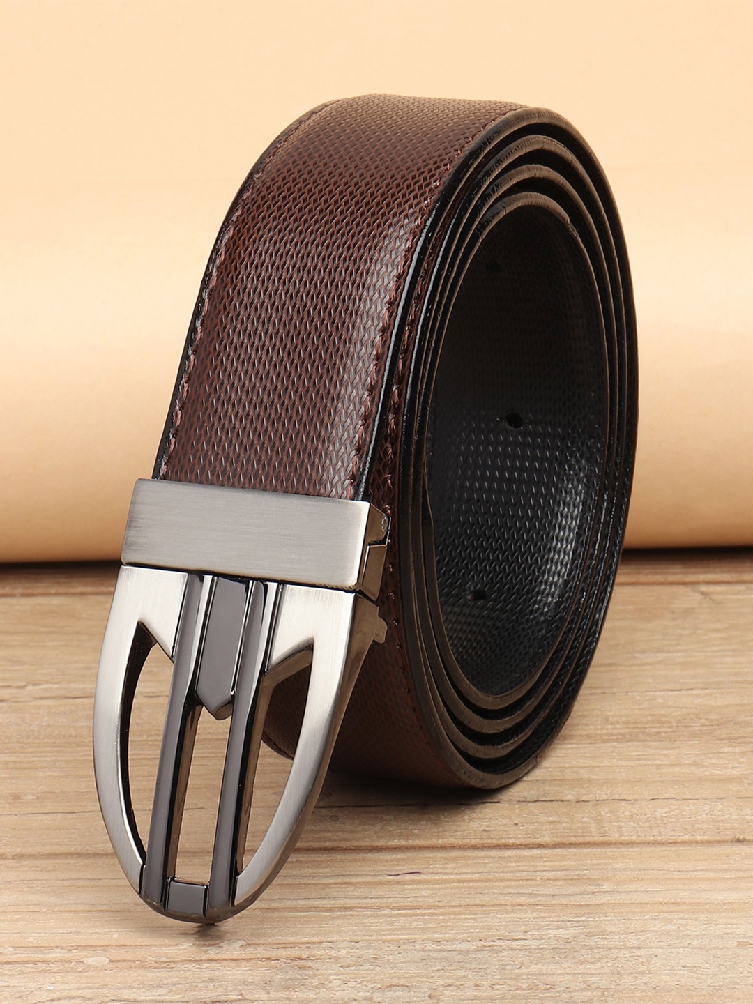 

WINSOME DEAL Men Push Pin Closure Textured Formal Belt, Brown