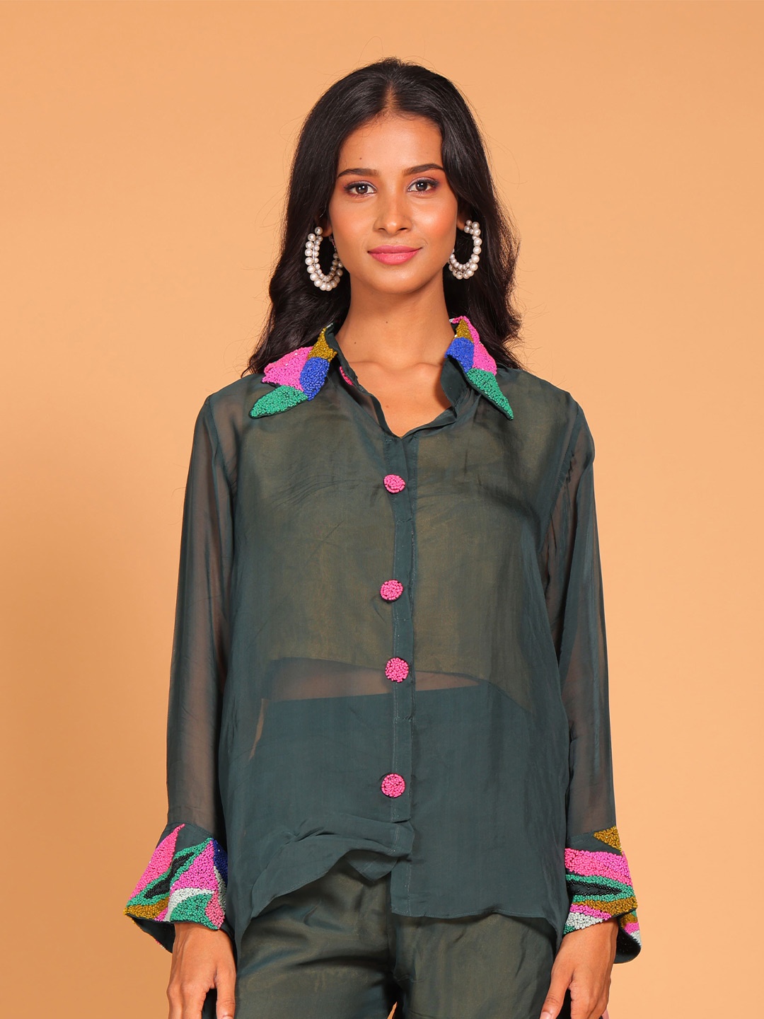 

Morchari Embroidered Pure Silk Top, Green
