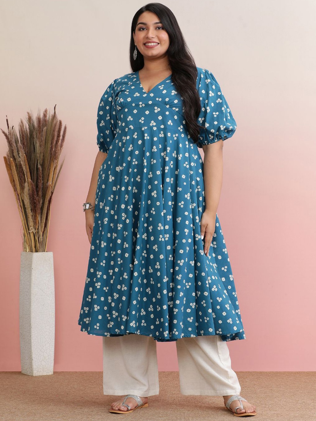 

anayna Floral Print A-Line Kurta, Blue