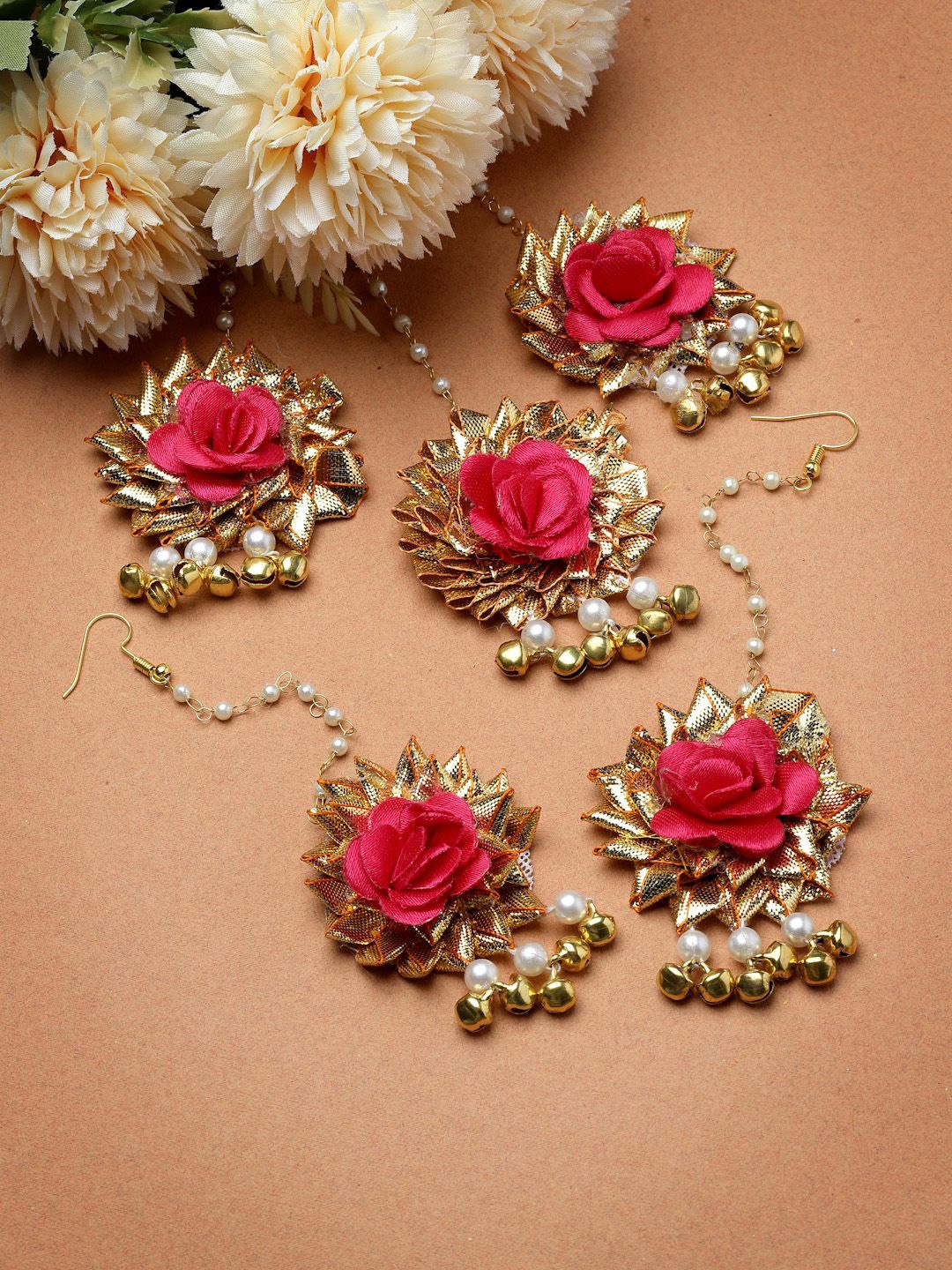 

ZENEME Set of 5 Gold-Plated Gota Patti Flower Beaded Maang Tikkas