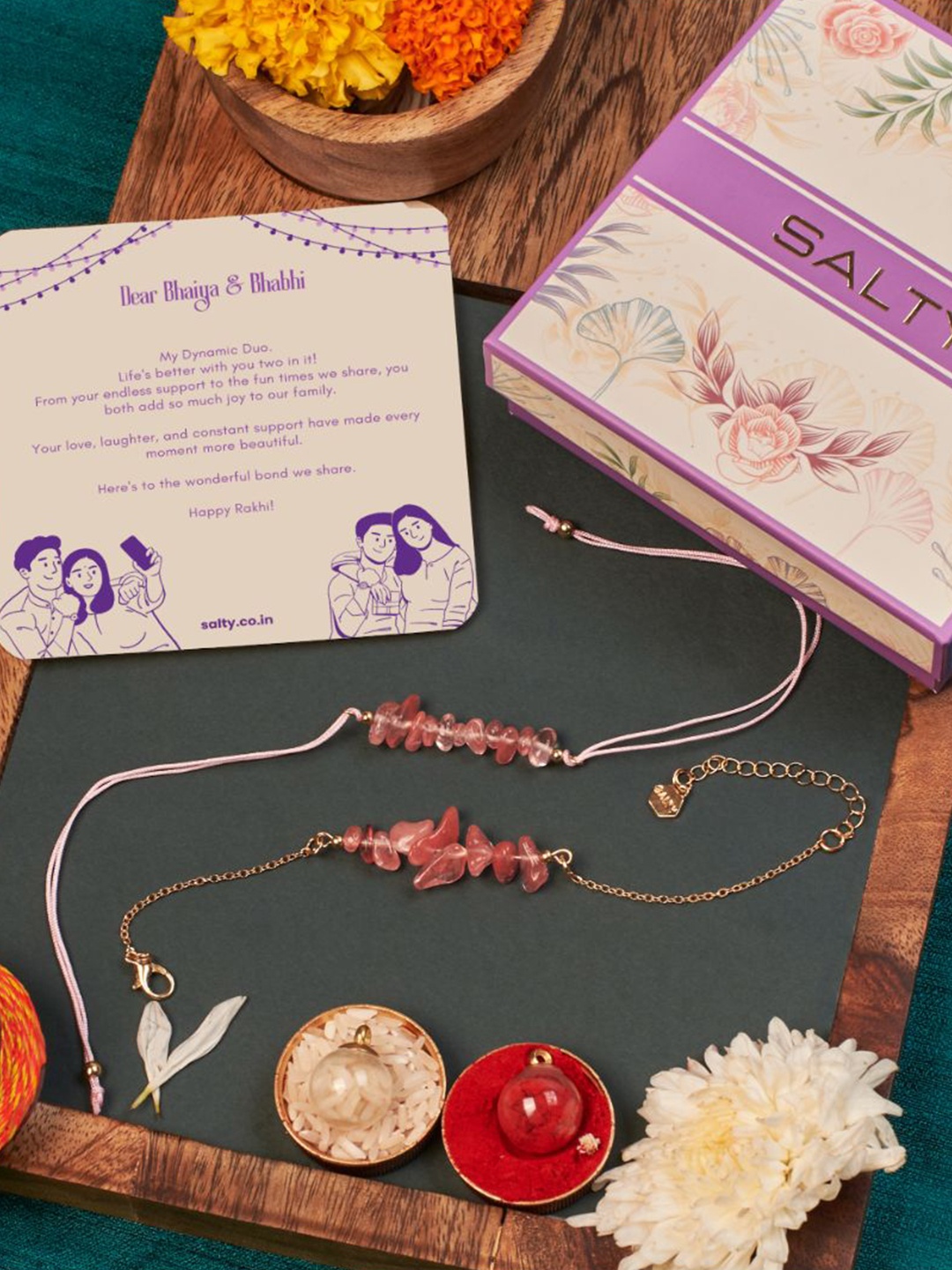 

SALTY Tangerine Quartz Bhaiya Bhabhi Rakhi Roli Chawal & Greeting Card, Gold