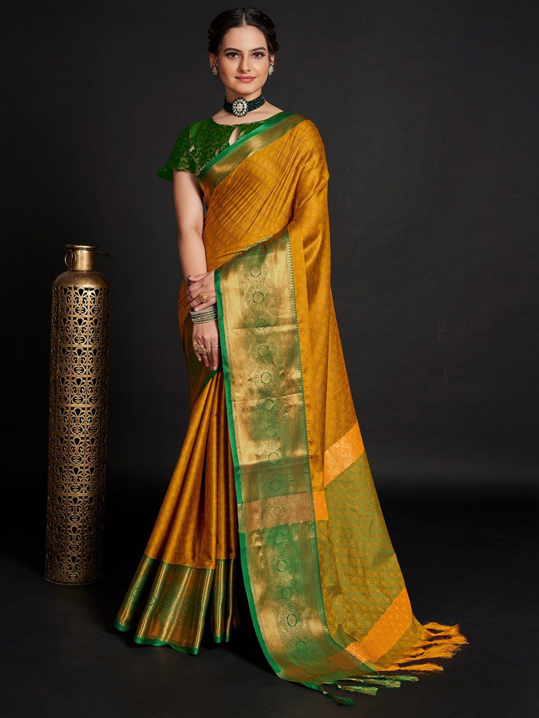 

SHOBHA SAREES Woven Design Zari Pure Silk Banarasi Saree, Mustard
