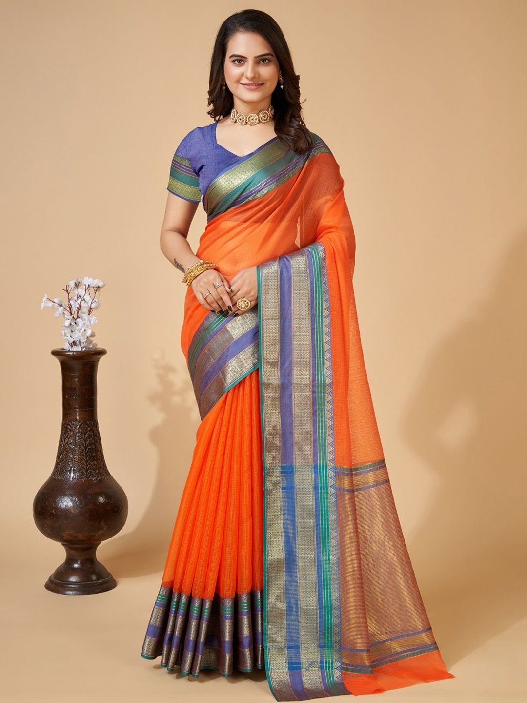 

LEOSAGI Embellished Zari Silk Cotton Kota Saree, Orange