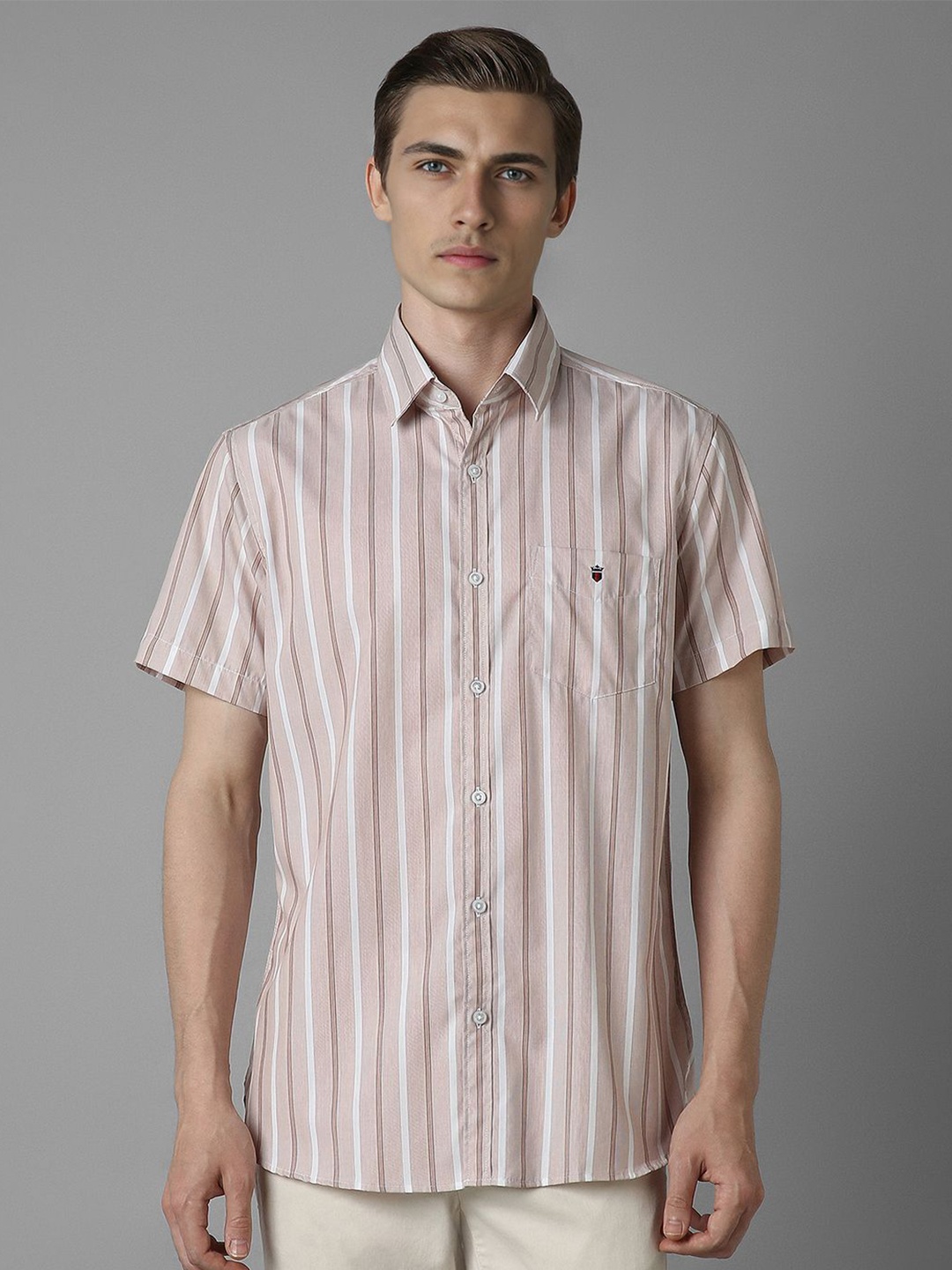 

Louis Philippe Sport Men Spread Collar Striped Cotton Slim Fit Casual Shirt, Beige