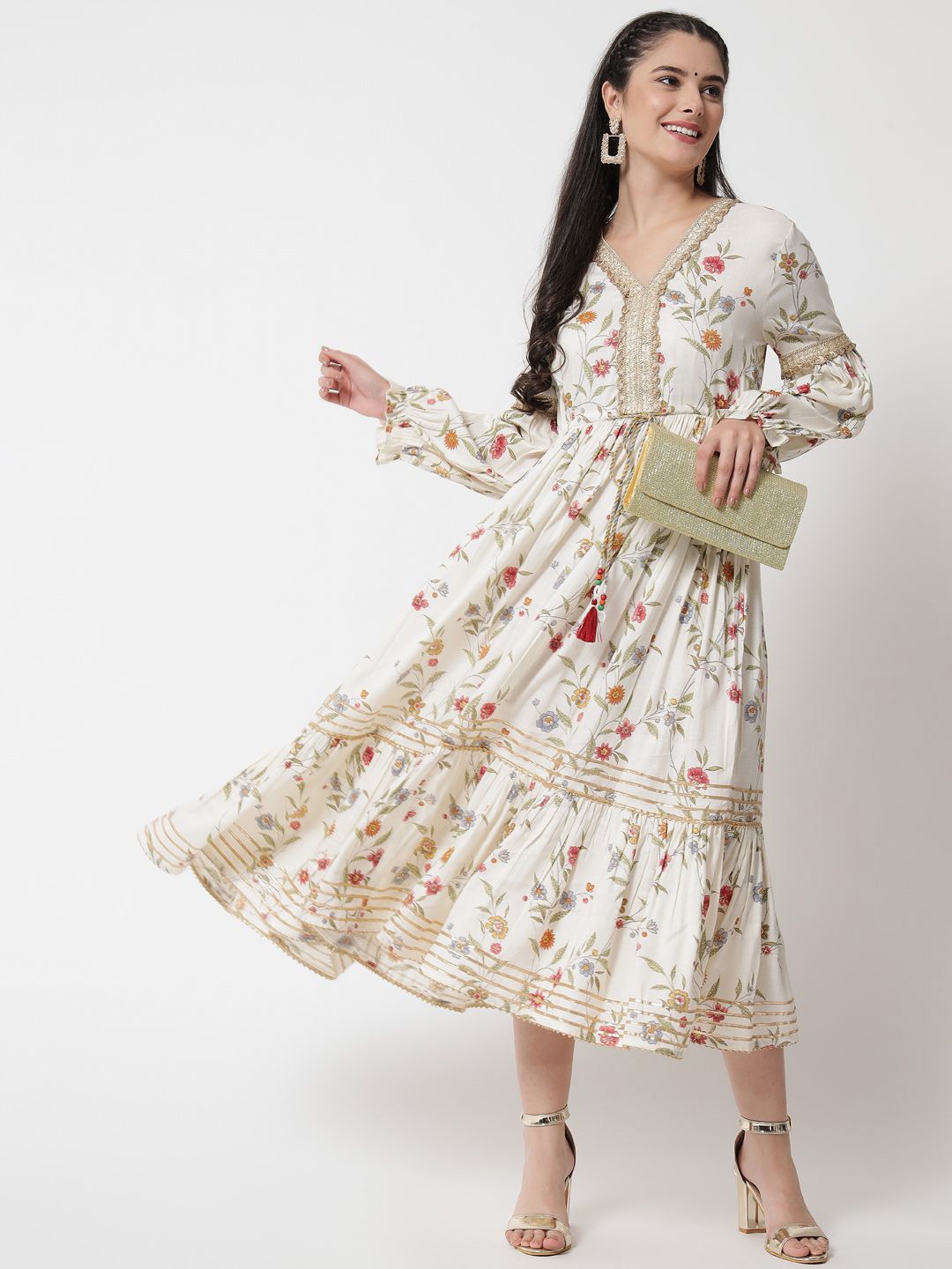 

Anouk Floral Printed A-Line Liva Ethnic Dress, White