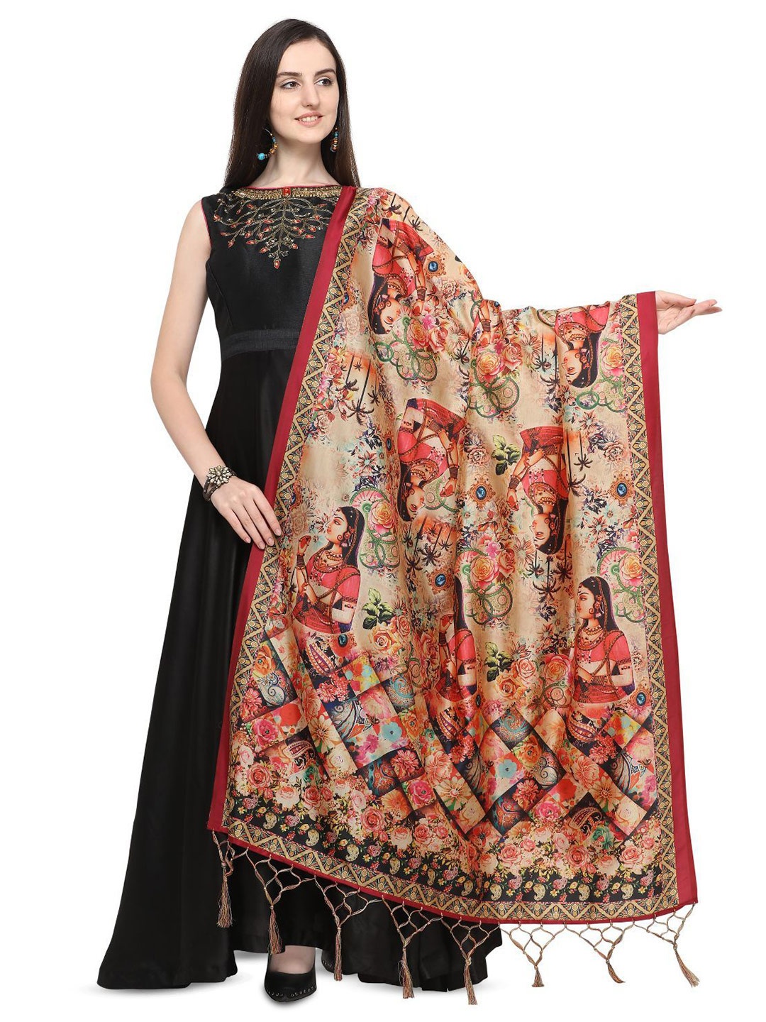 

Kaizen TEXO FAB Ethnic Motifs Printed Assam Silk Tasselled Dupatta, Cream