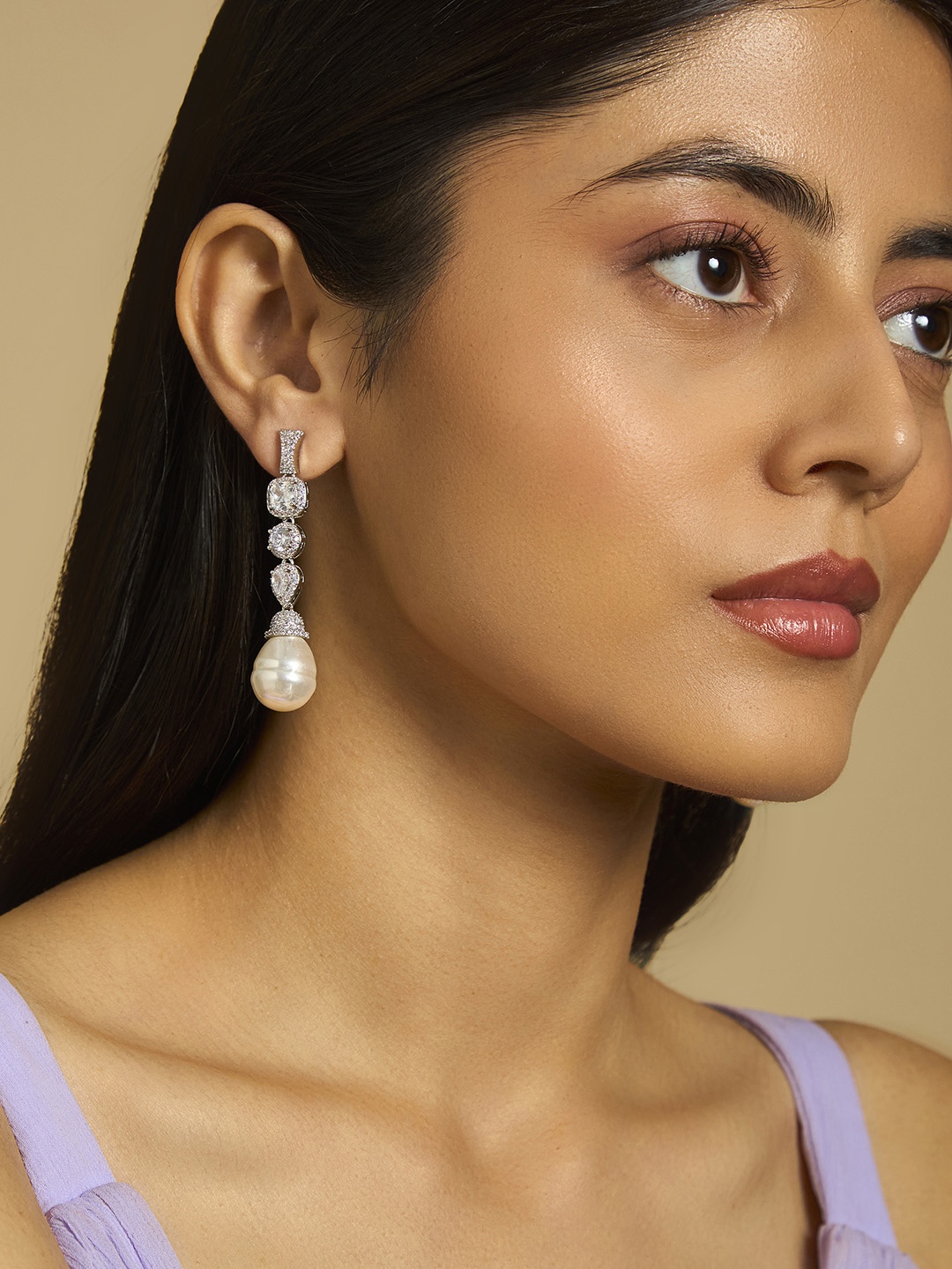 

Kushal's Fashion Jewellery Rhodium-Plated CZ Stone Studded Contemporary Drop Earrings, Silver