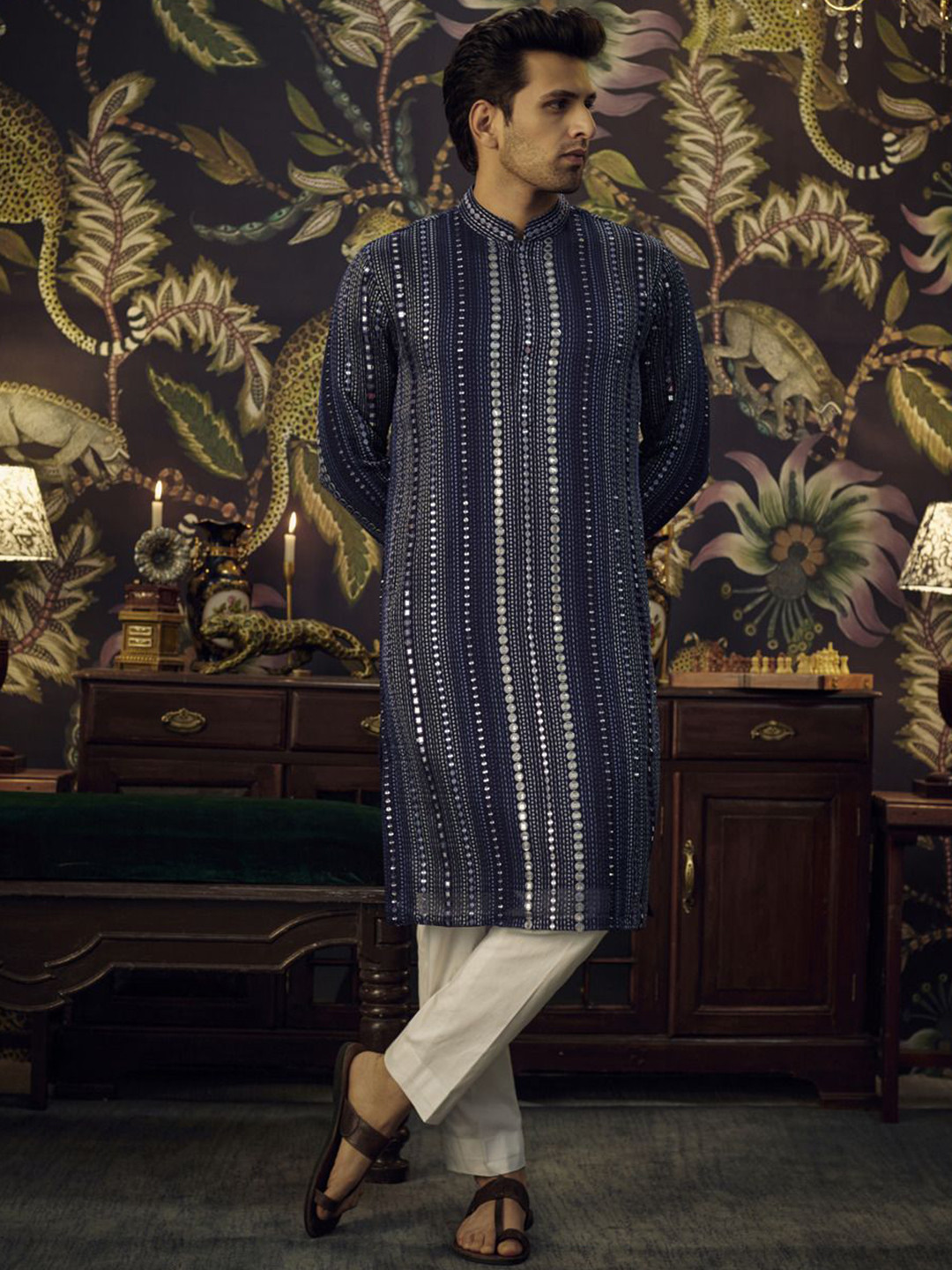 

KASBAH CLOTHING NISHCHAIY SAJDEH Geometric Embroidered Chikankai Sequinned Georgette Kurta, Navy blue
