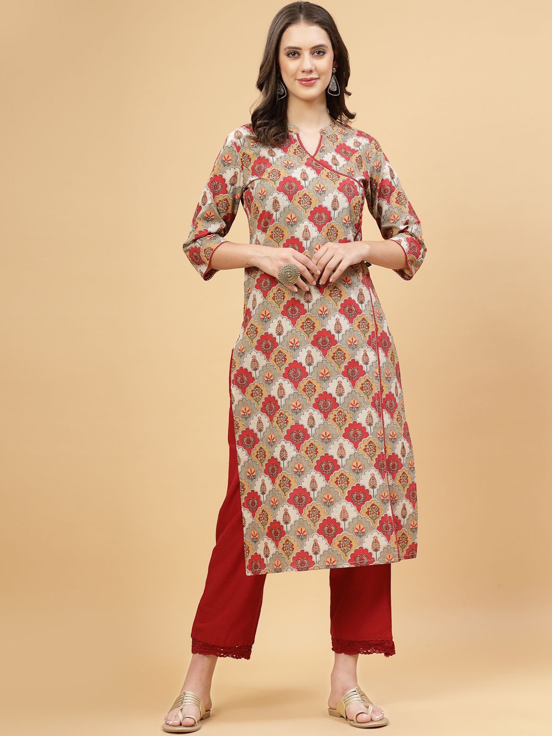 

Pistaa Ethnic Motifs Printed Mandarin Collar Pure Cotton Angrakha Kurta, Maroon