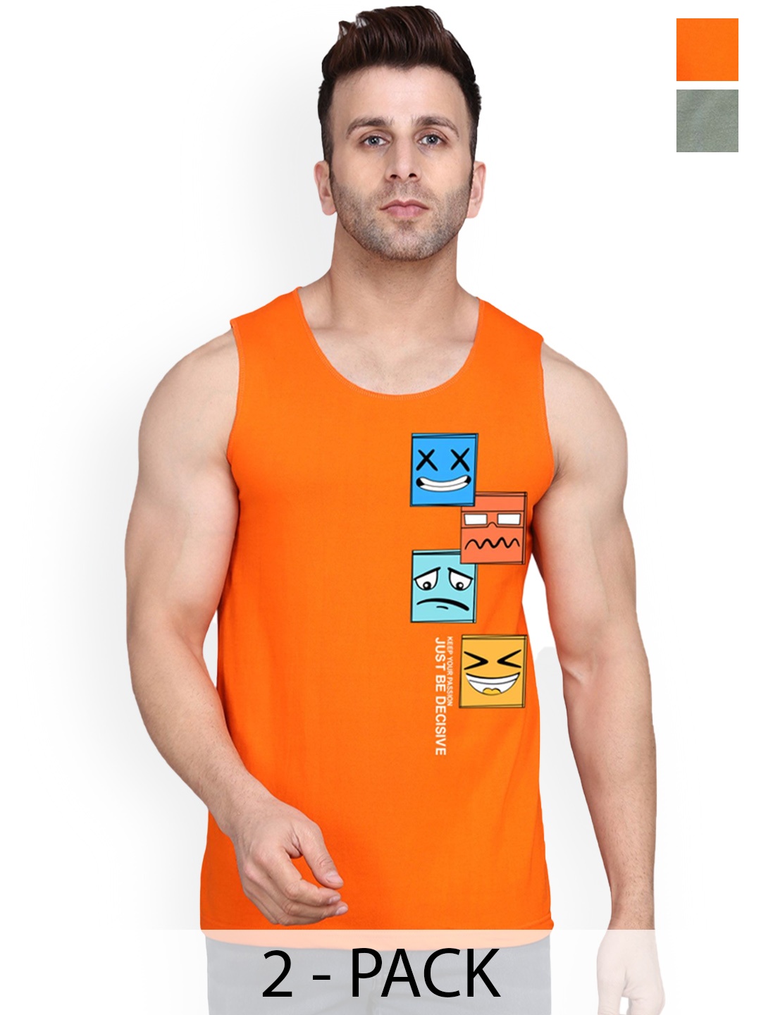 

SLOWLORIS Pack Of 2 Printed Gym VestsSL26 COMBO (LOUD LGTGREEN) (JUST ORANGE), Green