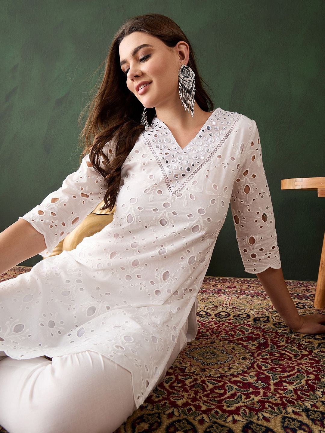 

Sangria White Floral Embroidered V-Neck Mirror Work Pure Cotton Kurta with Trousers