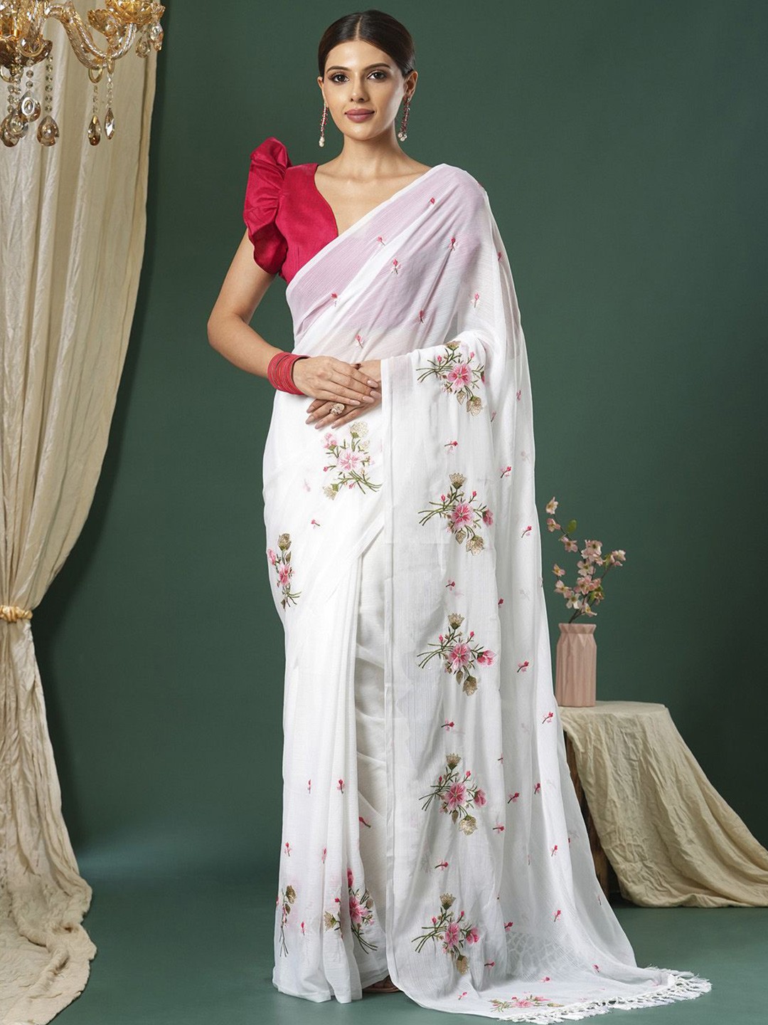

Saree mall Floral Embroidered Saree, White