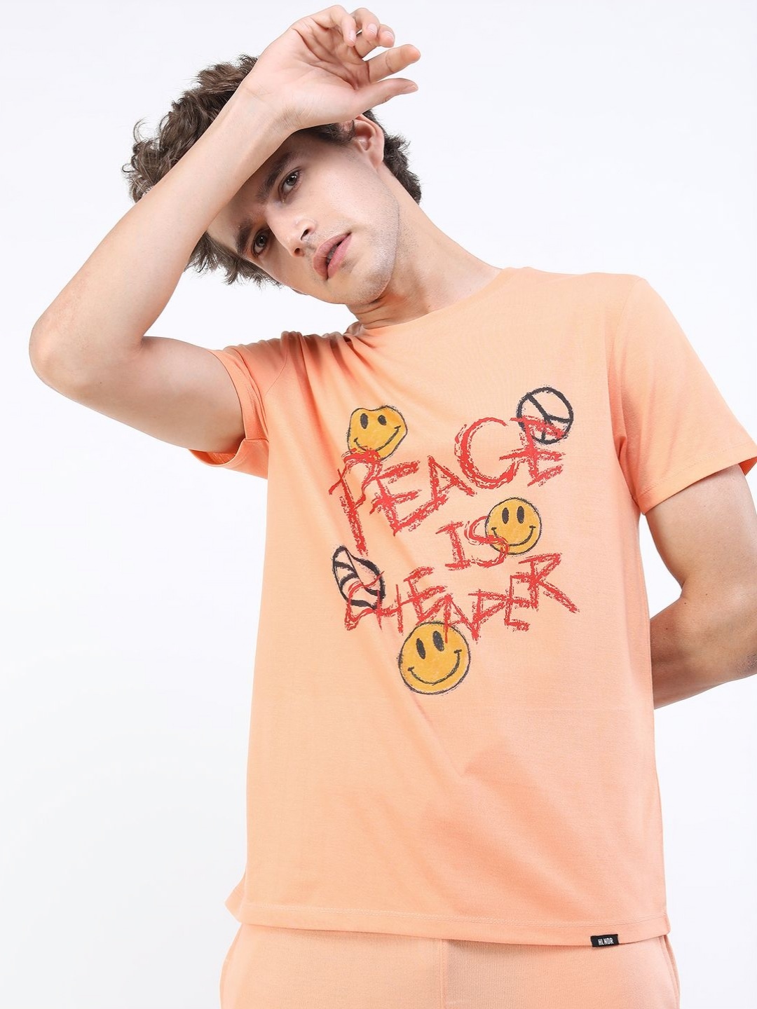 

HIGHLANDER Men Printed V-Neck Applique Slim Fit T-shirt, Peach