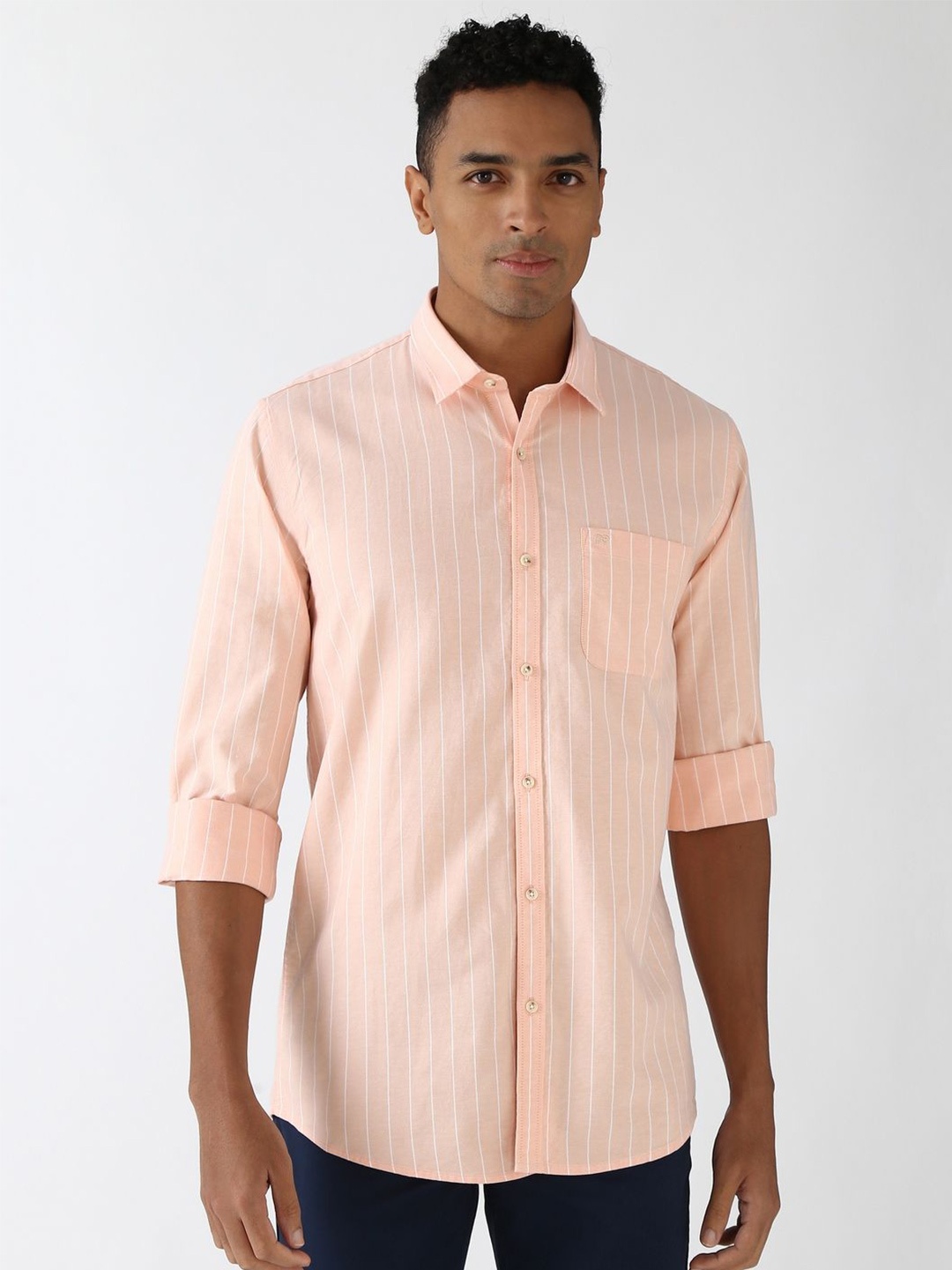 

Peter England Casuals Men Spread Collar Striped Cotton Slim Fit Casual Shirt, Peach