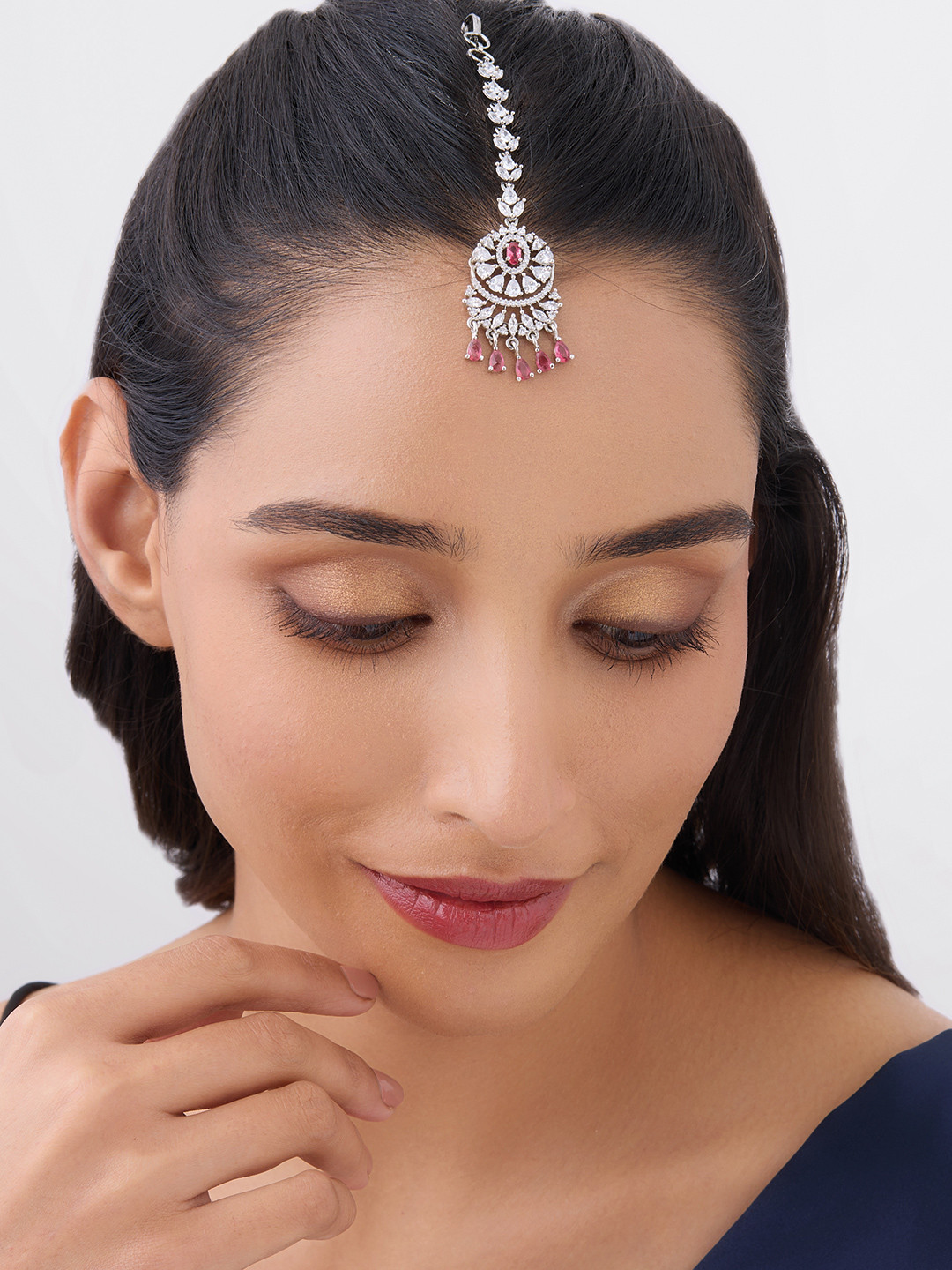 

Kushal's Fashion Jewellery Rhodium-Plated CZ Stone-Studded Maang Tikka, Silver