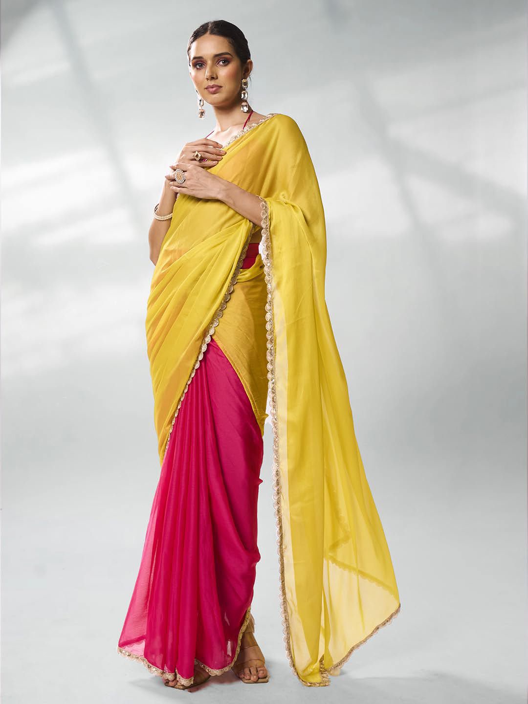 

Kalista Colourblocked Sequinned Pure Chiffon Saree, Pink