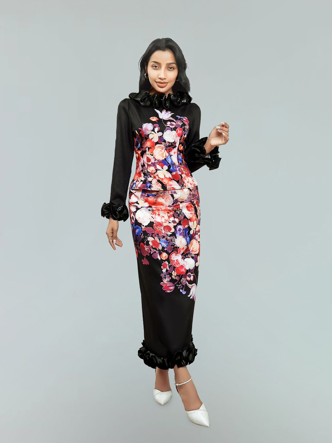 

JC Collection Floral Printed Casual Top With Midi Skirt, Black