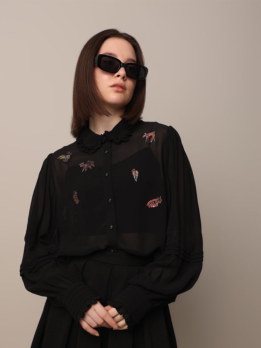 

ONLY Women Spread Collar Solid Casual Shirt, Black