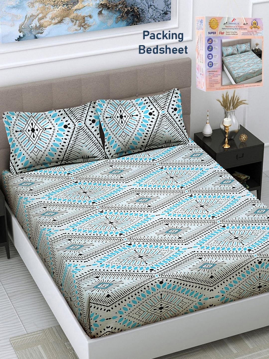 

FABINALIV White & Blue Geometric 300 TC Double King Bedsheet With 2 Pillow Covers