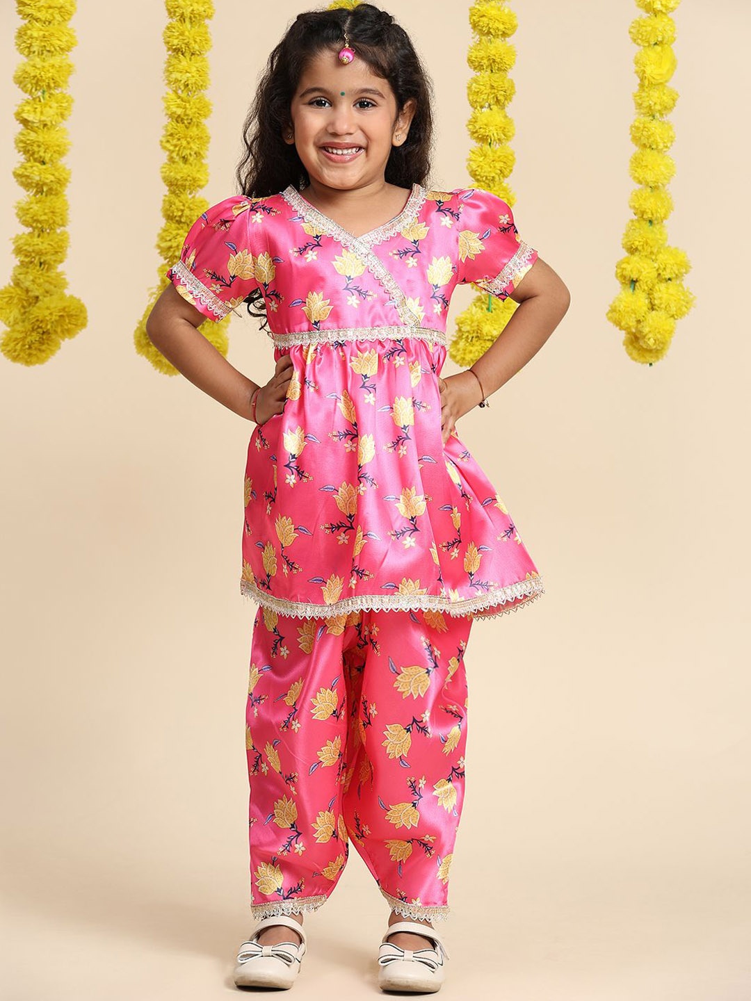 

Cutiekins Girls Floral Printed Angrakha Gotta Patti A-Line Kurti with Salwar, Pink