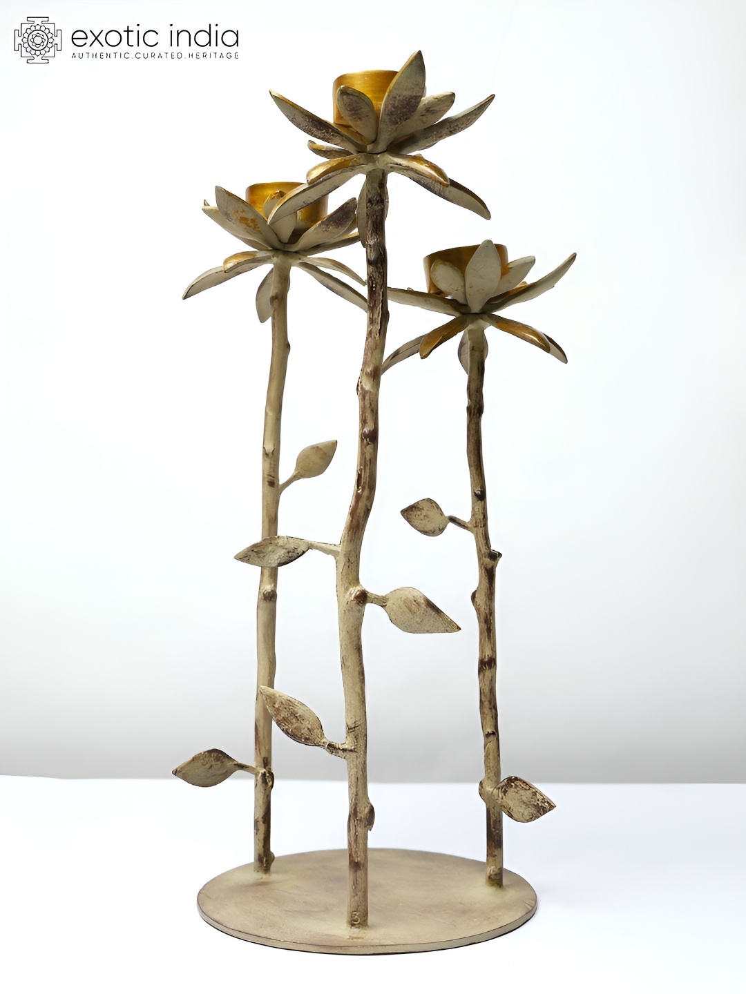 

Exotic India 17" Brass Lotus Design Three Cups Candle Holder with Stand, Gold