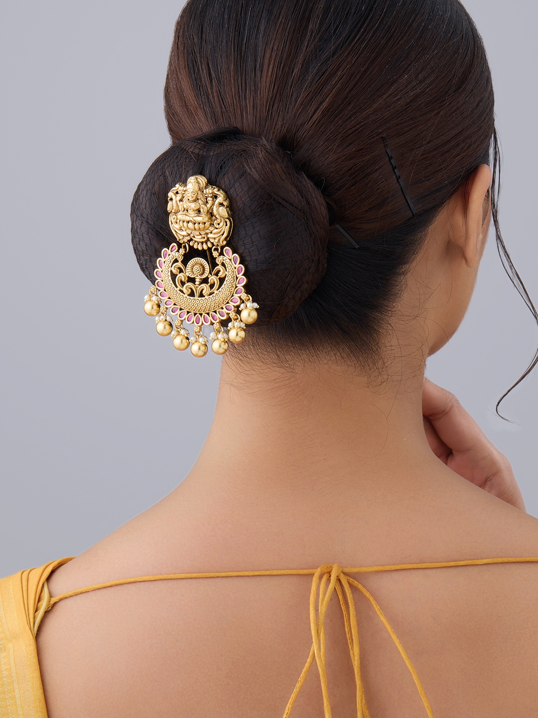 

Kushal's Fashion Jewellery Gold-Plated Stone-Studded Ethnic Antique Hair Brooch, Red