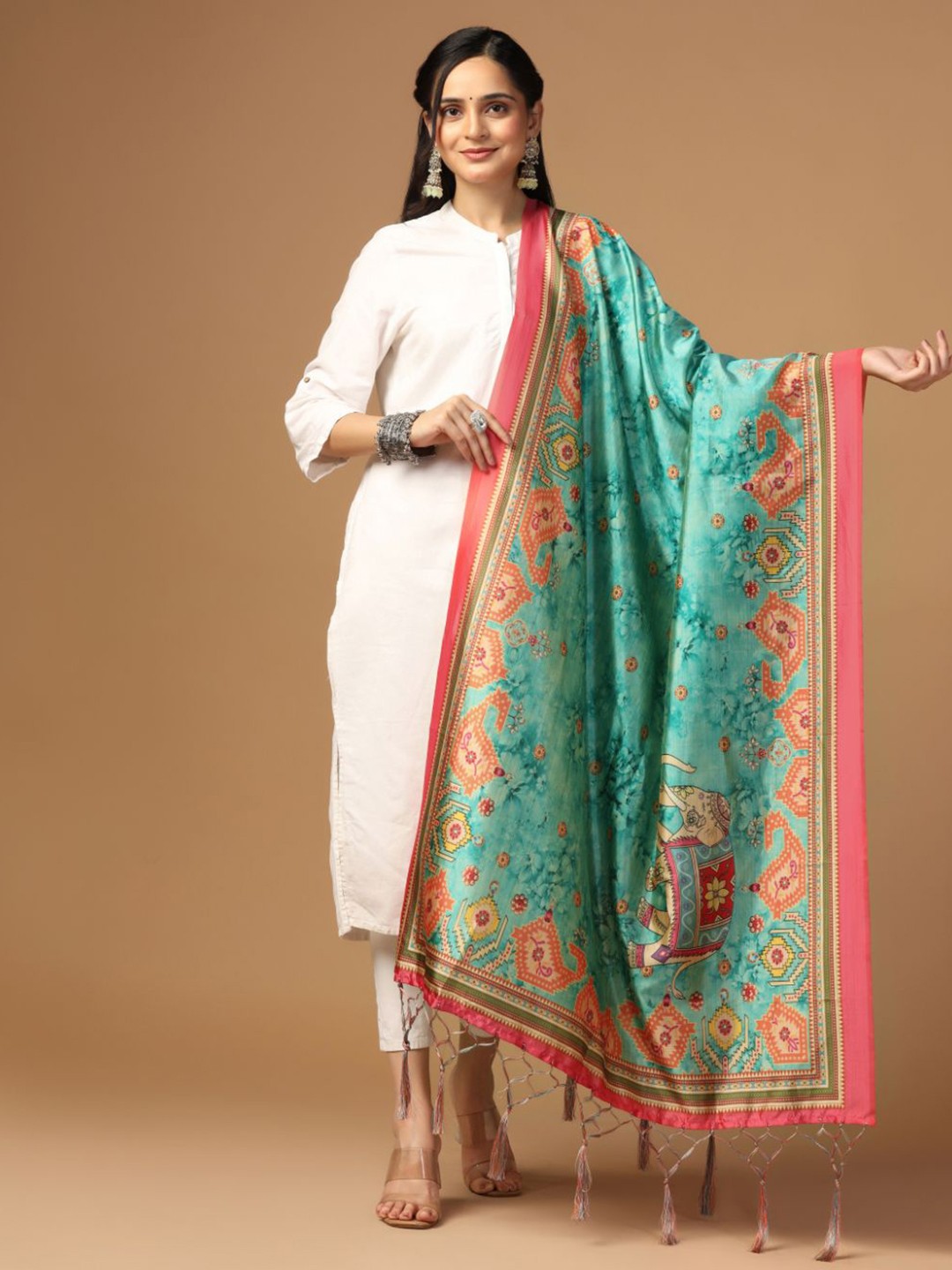 

Kaizen TEXO FAB Ethnic Motifs Digital Printed Assam Silk Dupatta, Tan