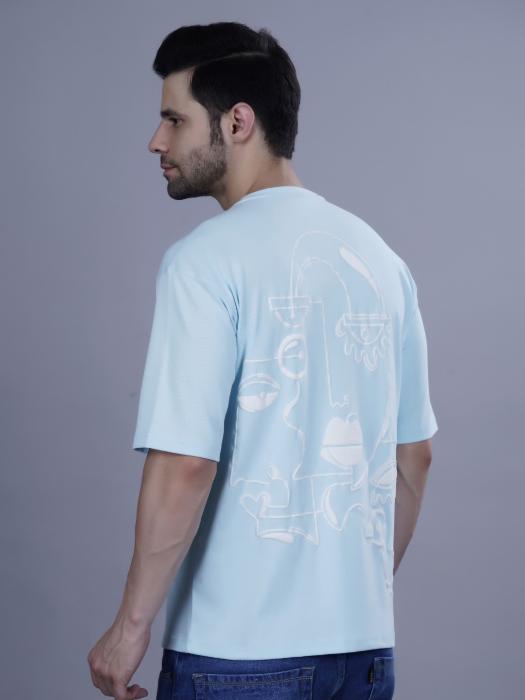 

FEVER HUNT Men Typography Printed Round Neck Cotton Oversized T-Shirt, Blue