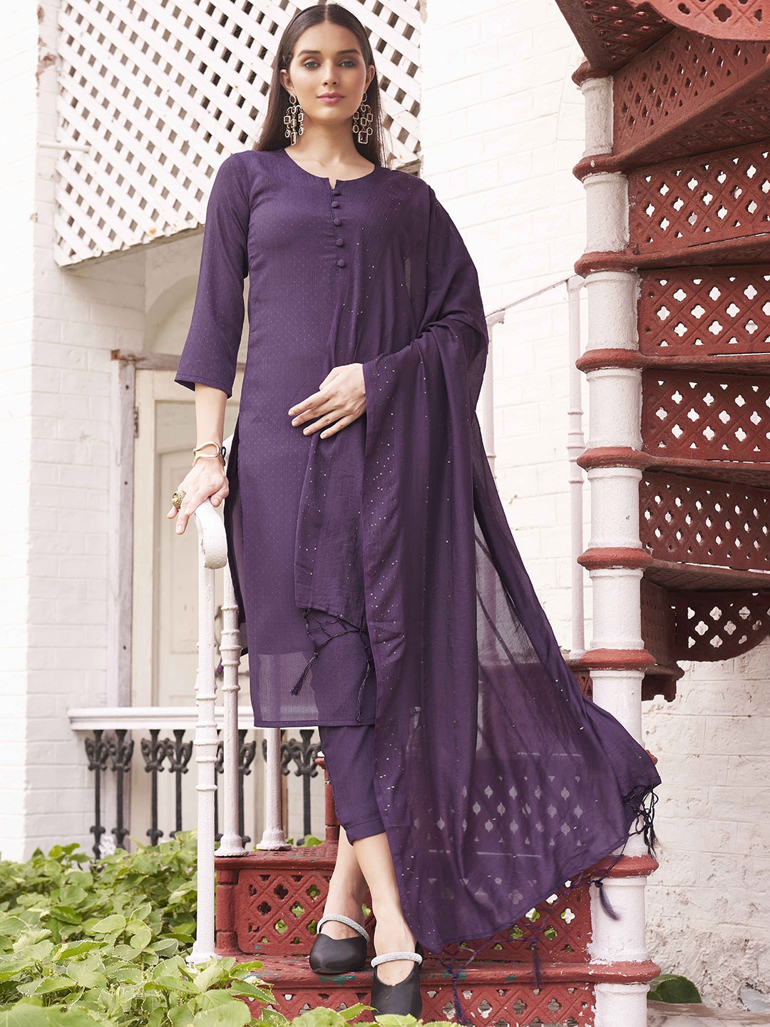 

Tikhi Imli Straight Kurta with Trousers & With Dupatta, Purple