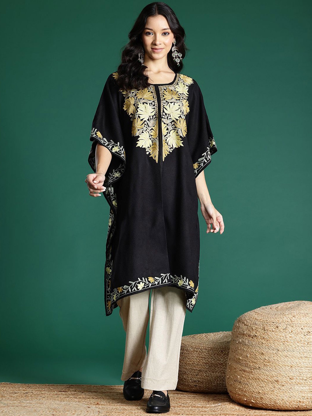 

Sangria Black Floral Embroidered Jacquard Weave Acrylic Kaftan Kurta