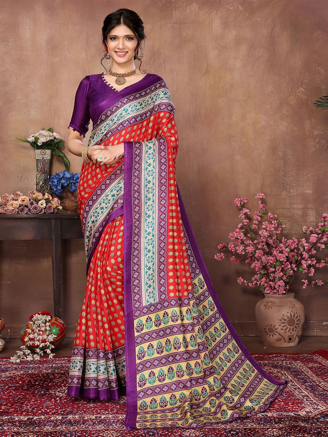 

KALINI Printed Ethnic Motifs Mysore Silk Saree, Red