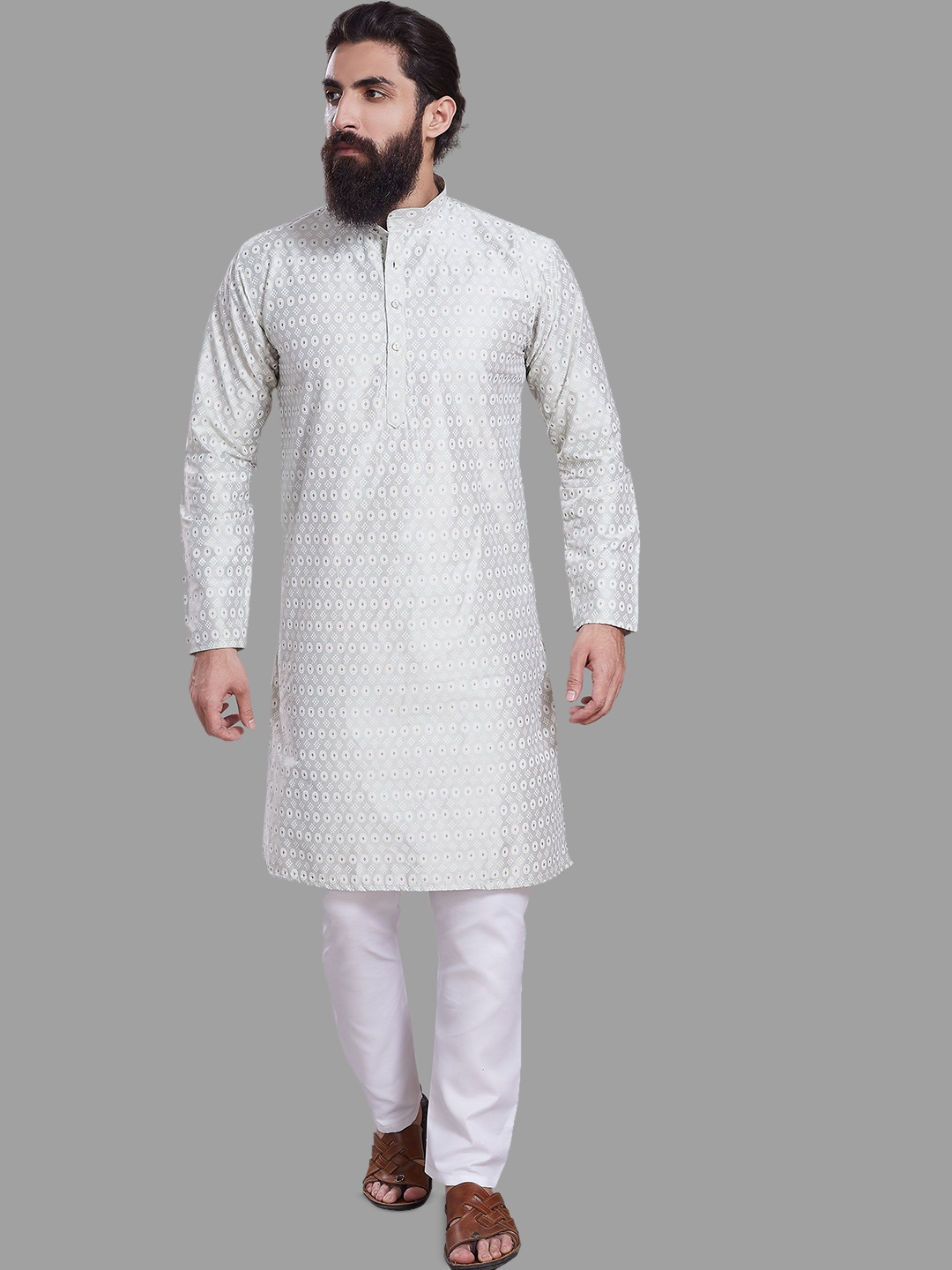 

DIVISIVE Floral Woven Design Band Collar Cotton Silk Straight Kurta, Grey