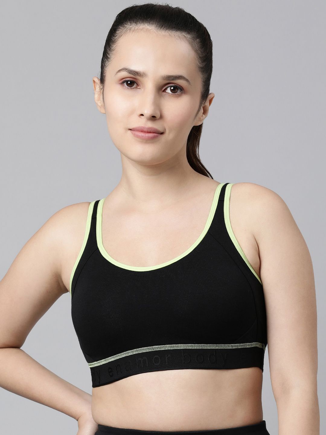 

Enamor Non Padded Wirefree High Coverage Antimicrobial Side Shaper Active Sports Bra Sb28, Black