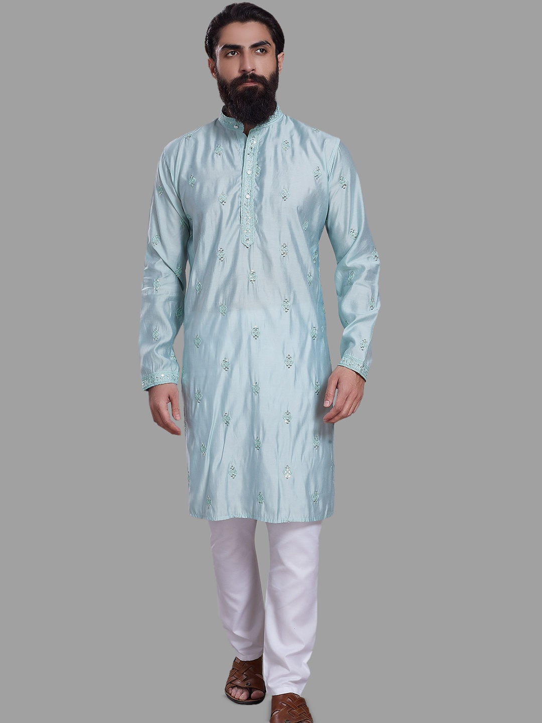 

DIVISIVE Floral Embroidered Band Collar Cotton Silk Straight Kurta, Turquoise blue
