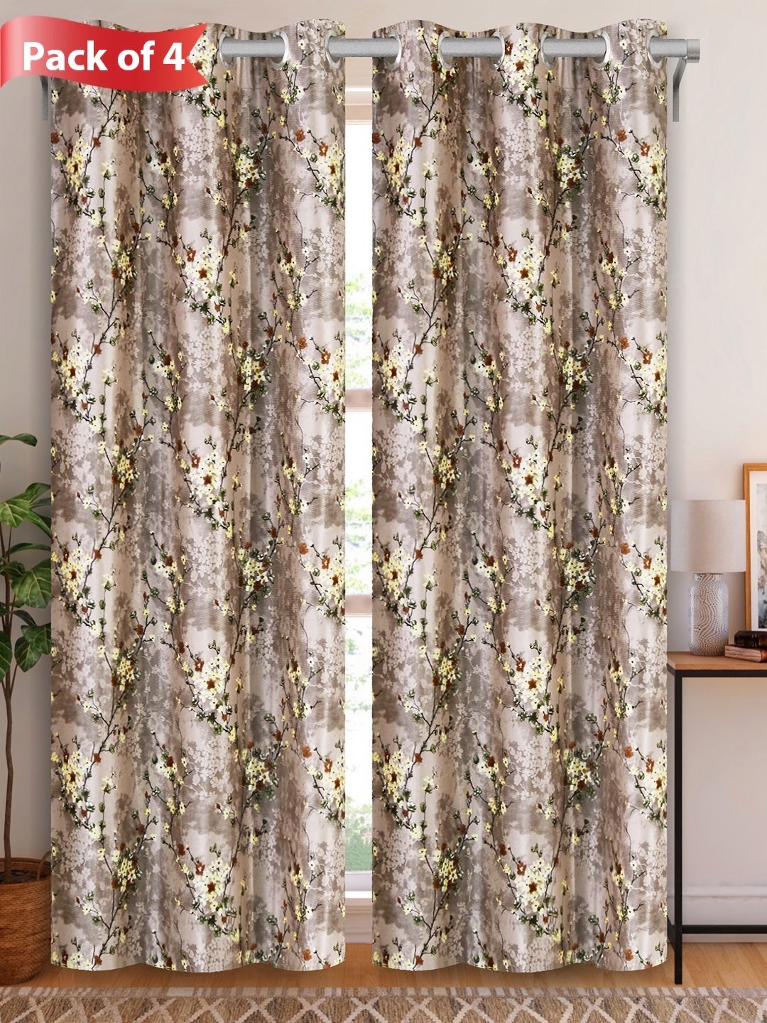 

Aura Brown & Yellow Set of 4 Floral Room Darkening Door Curtains