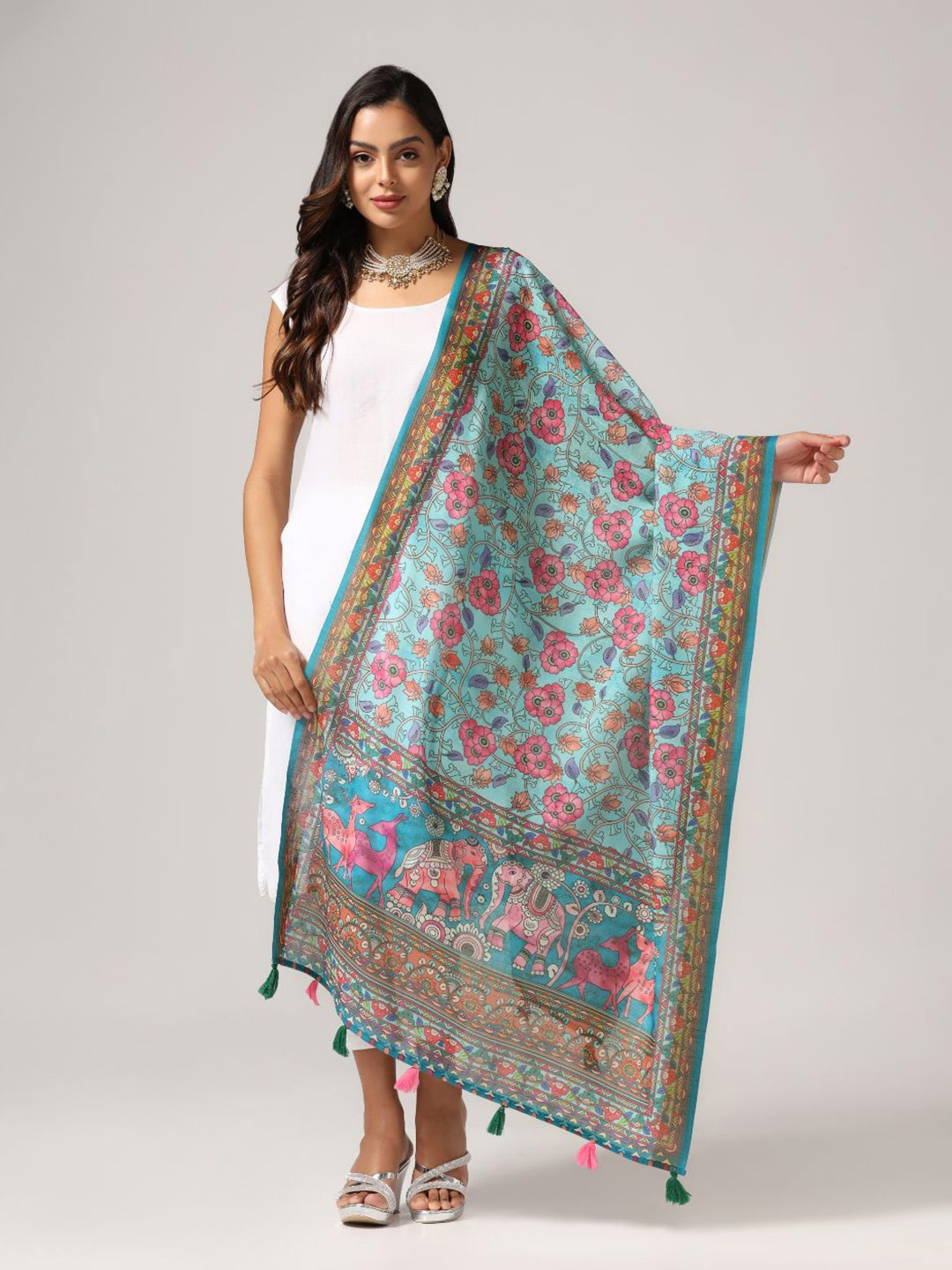 

Kaizen TEXO FAB Ethnic Motifs Printed Linen Zari Dupatta, Sea green