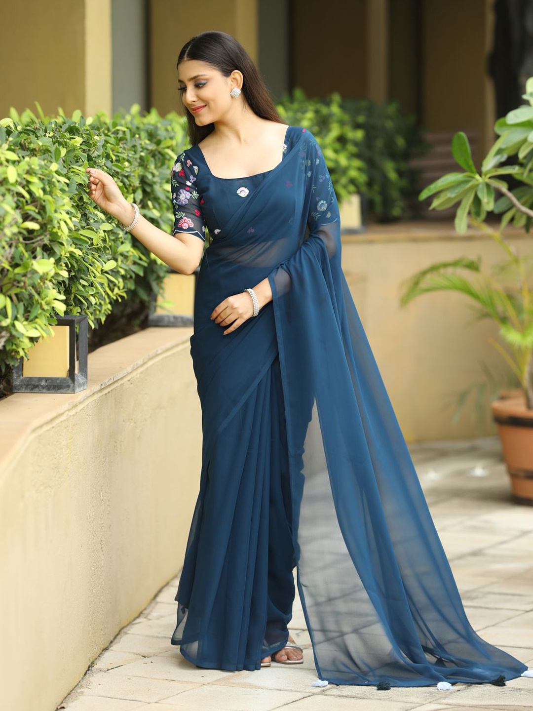 

COSBILA FASHION Poly Georgette Saree, Blue