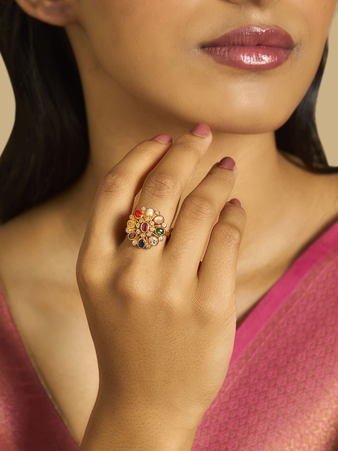 

Kushal's Fashion Jewellery 92.5 Pure Silver Gold Plated Stone Studded Finger Ring