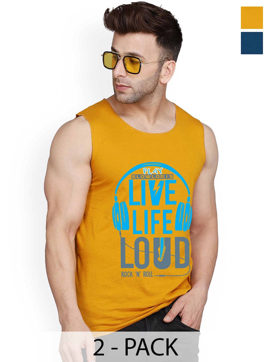

SLOWLORIS Men 2Pcs Sleeveless Innerwear Gym Vests, Mustard