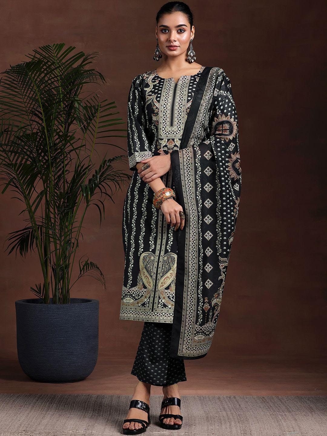 

Libas Floral Printed Notched Neck Straight Kurta With Trousers & Dupatta, Black