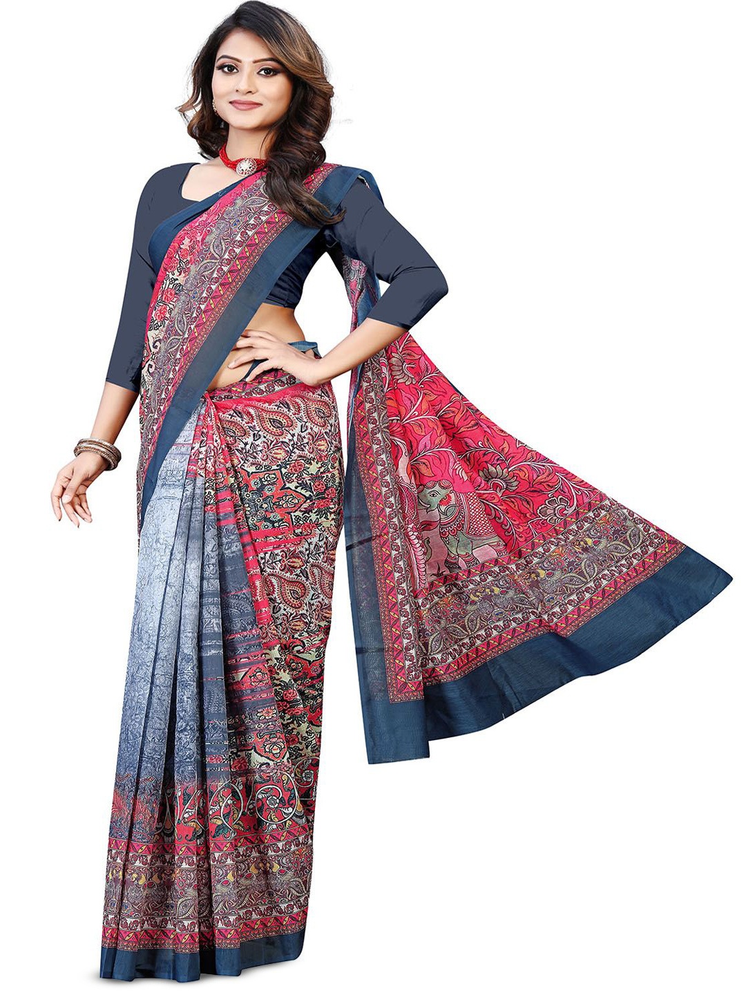 

BAESD Printed Kalamkari Saree With Blouse Piece, Blue