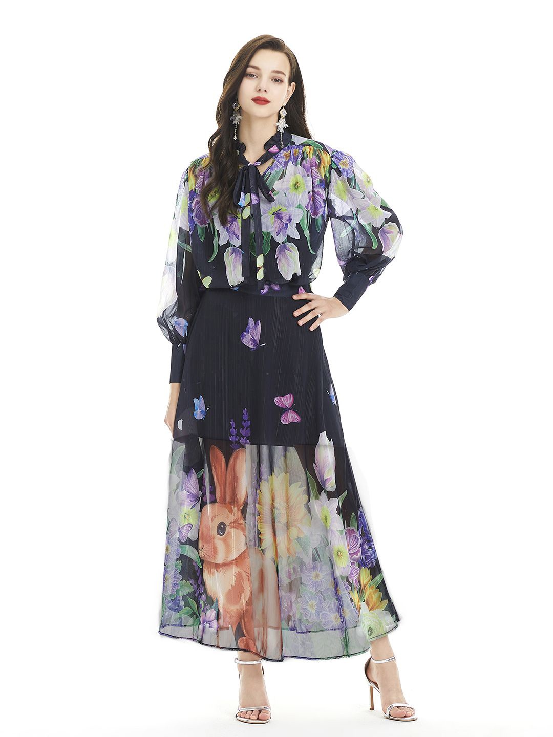 

JC Collection Floral Printed Tie-Up Neck Bishop Sleeves Casual Shirt With Midi Skirt, Black