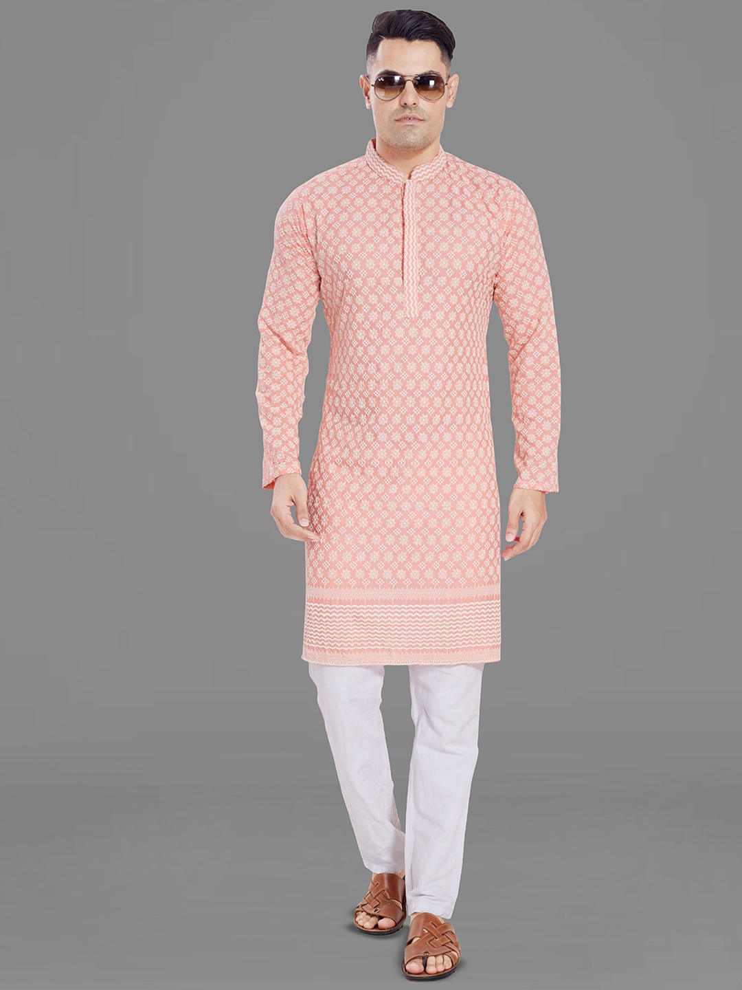 

DIVISIVE Men Geometric Thread Work Kurta, Peach