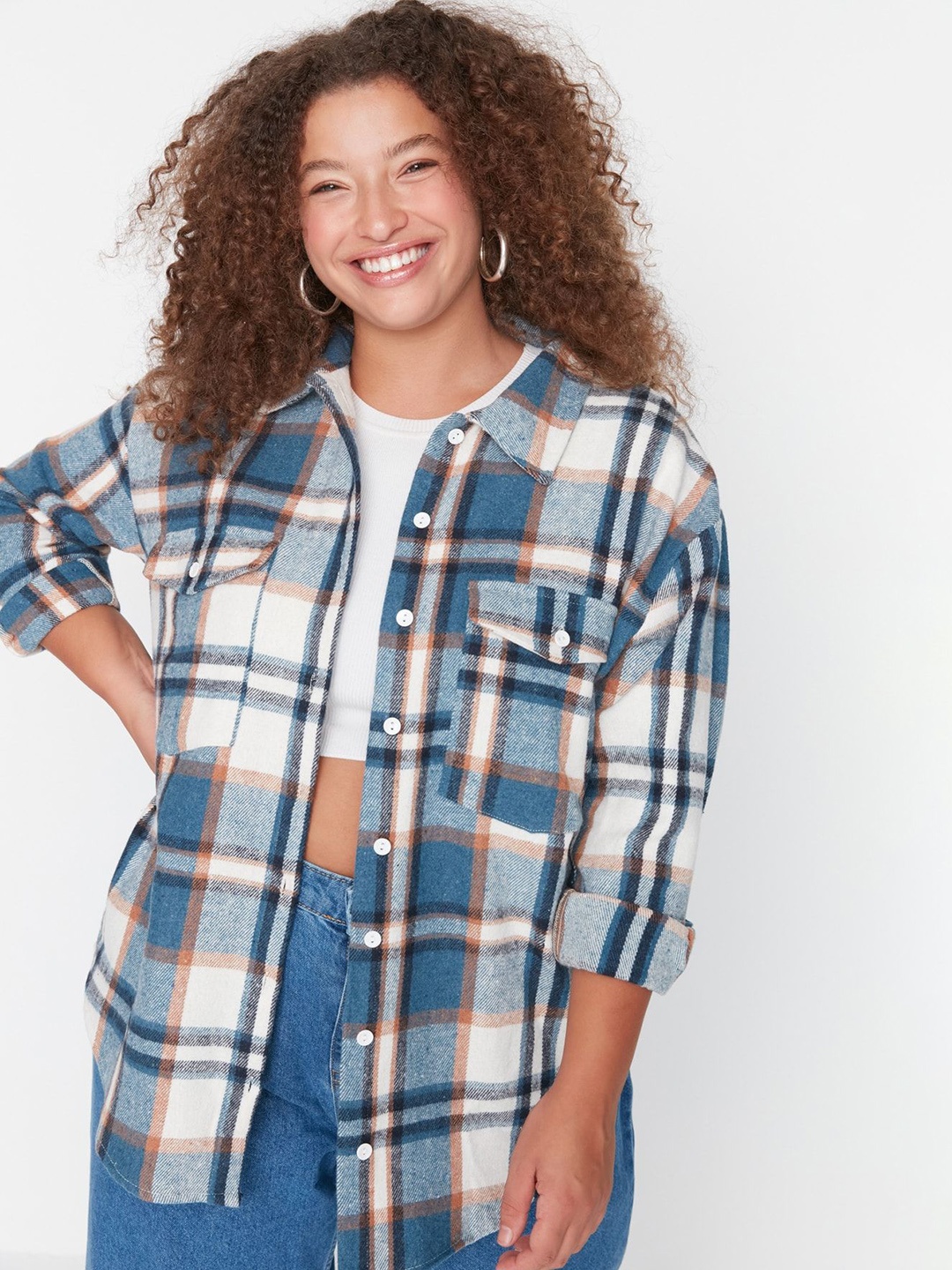

Trendyol Women Spread Collar Tartan Checked Cotton Casual Shirt, White