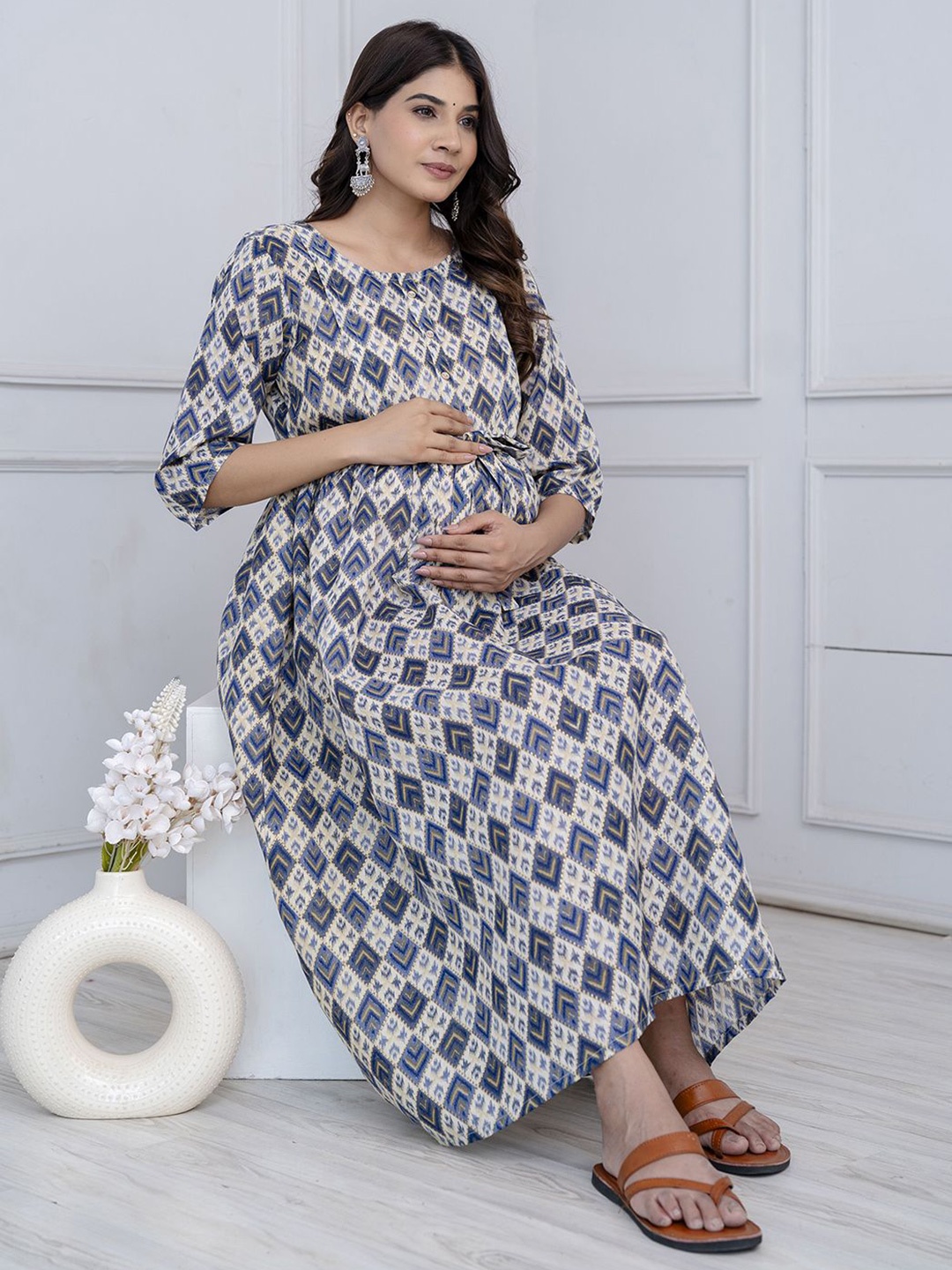 

Nayo Bell Sleeve Maternity Empire Midi Dress, Blue