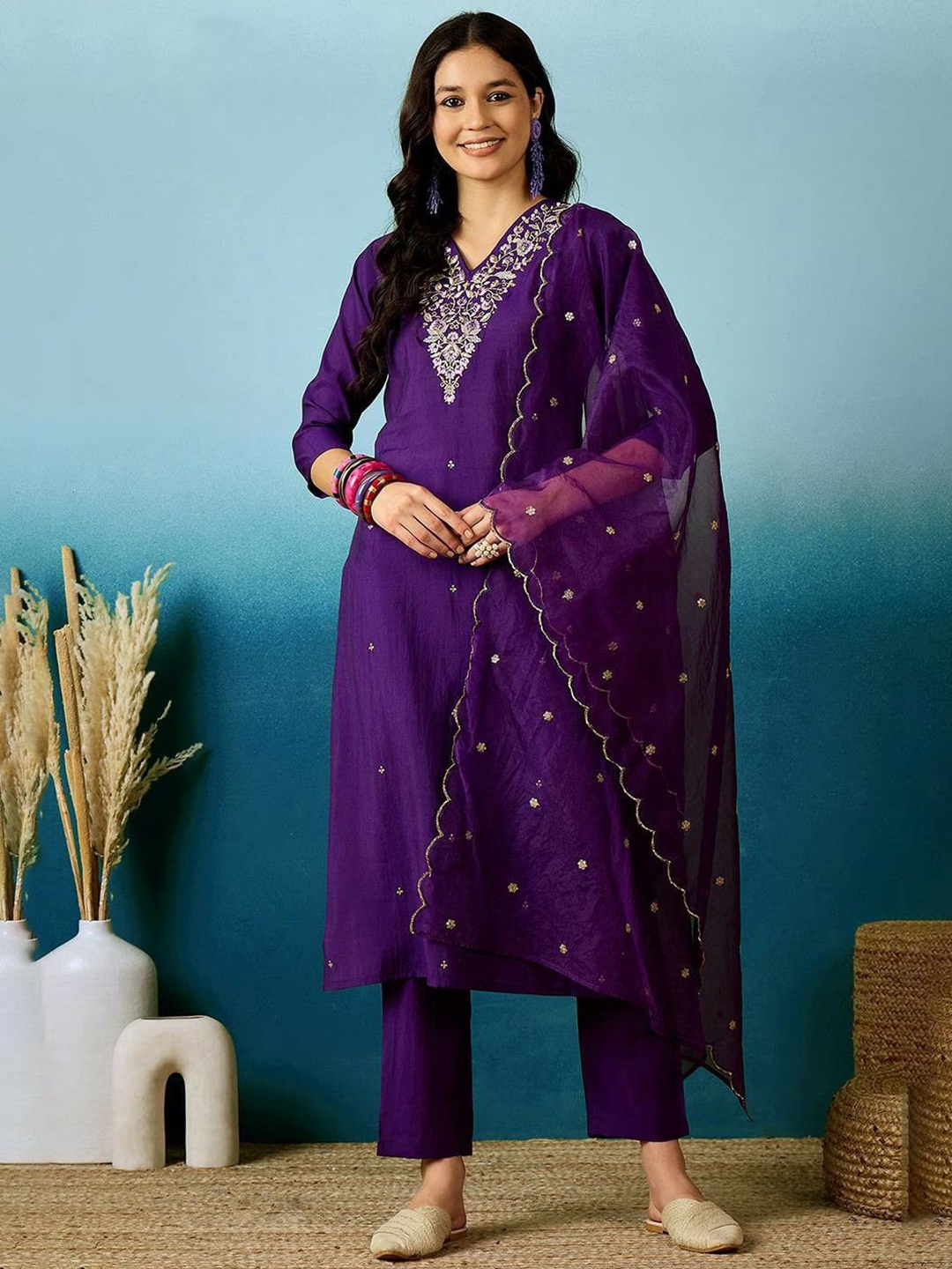 

KALINI Women Floral Embroidered Regular Thread Work Chanderi Silk Kurta with Trousers & With Dupatta, Purple