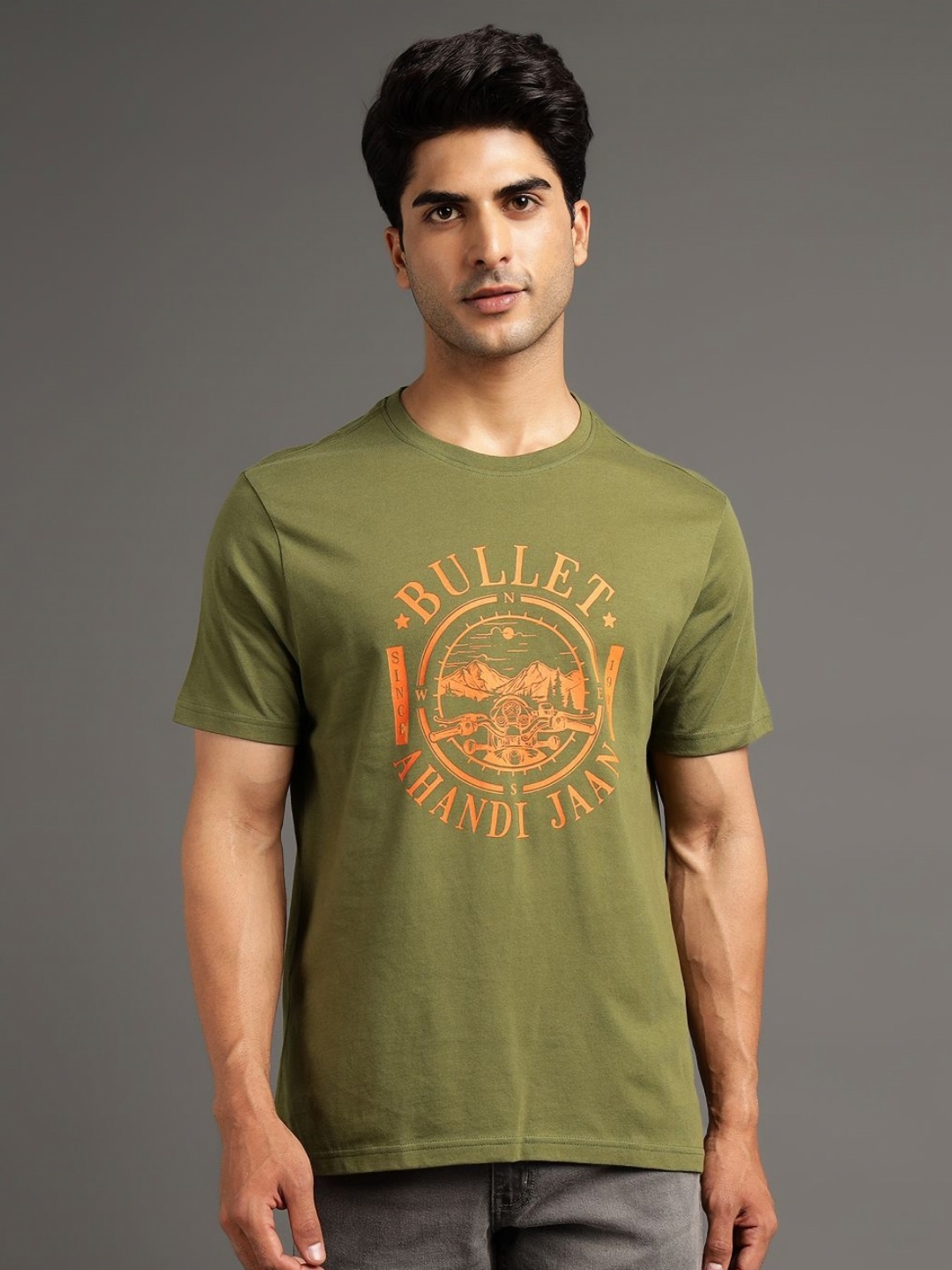 

Royal Enfield Men Typography Printed Pockets T-shirt, Olive