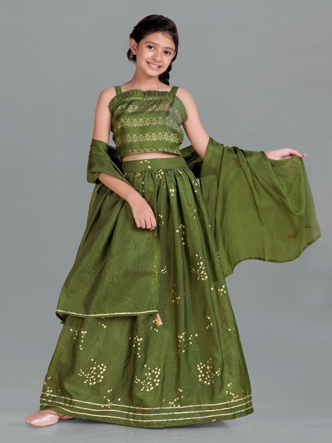 

BAESD Girls Floral Printed Ready to Wear Lehenga & Blouse With Dupatta, Green