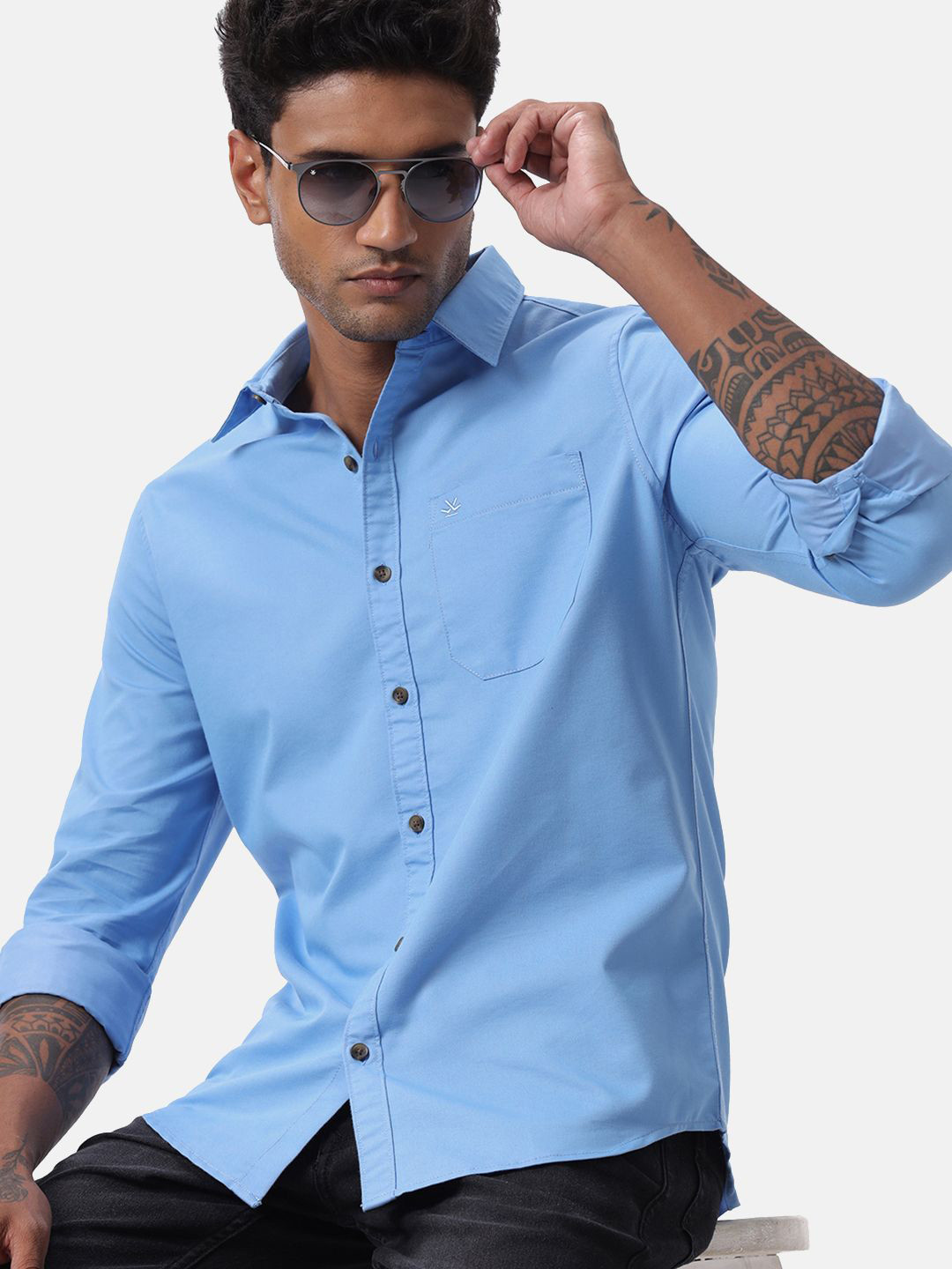 

WROGN Men Custom Spread Collar Solid Cotton Casual Shirt, Teal