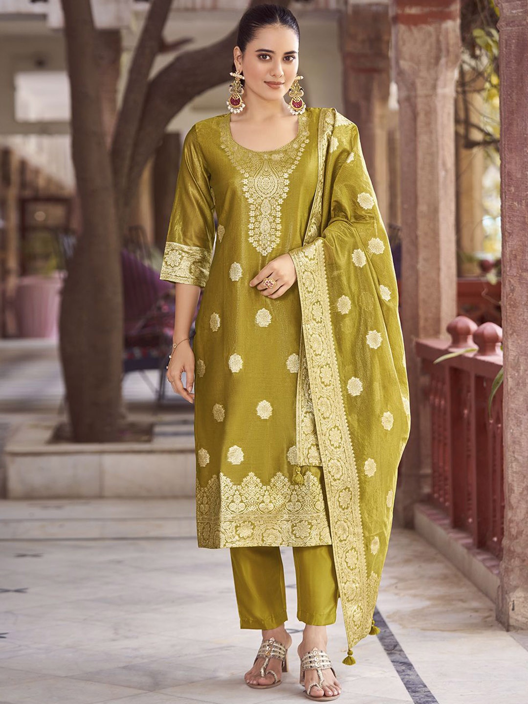 

Shaily Ethnic Motifs Woven Design Kurta with Trousers & Dupatta, Mustard